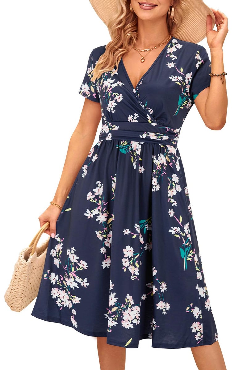 OUGES Casual Spring Summer Dress for Women 2026 Wrap V Neck A Line Midi Party Dresses with Pockets(Florals,L) - Image 1
